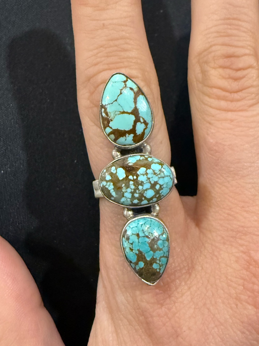 Adjustable triple turquoise number 8 handmade ring. Sterling silver.